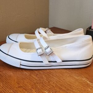 Converse White Canvas Mary Jane Sneakers with Double Buckle Straps